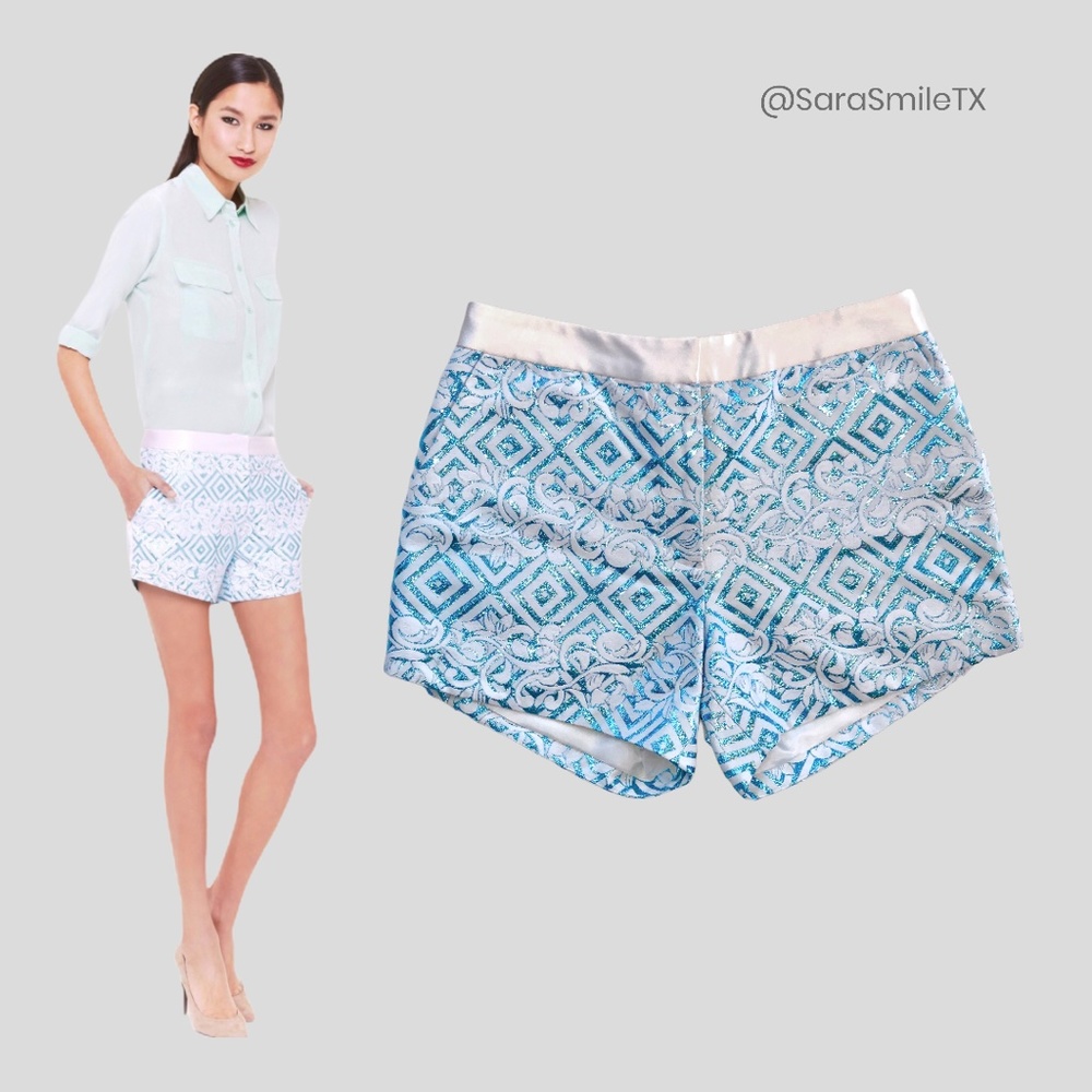PRABAL GURUNG Metallic Blue & White Satin Brocade Dress Shorts - NWOT
